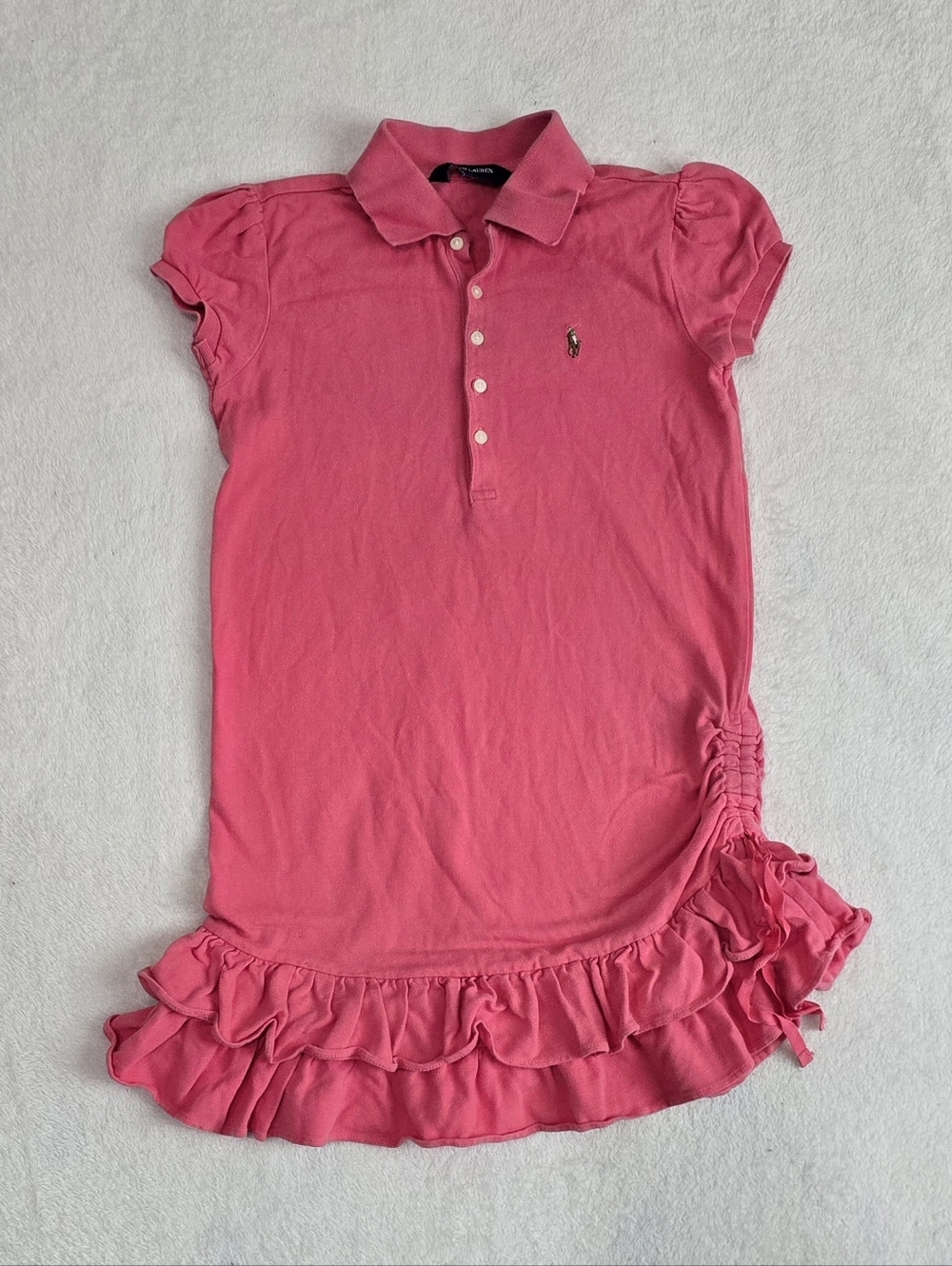 Girl's Ralph Lauren Pink Dress Ruched Pique Polo Dress with Ruffles Size Small 8